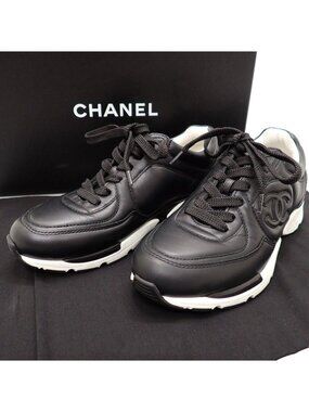 Chanel CC Leather Sneakers CC Logo with Boxes..0 Shoes Calfskin Suede Black 36